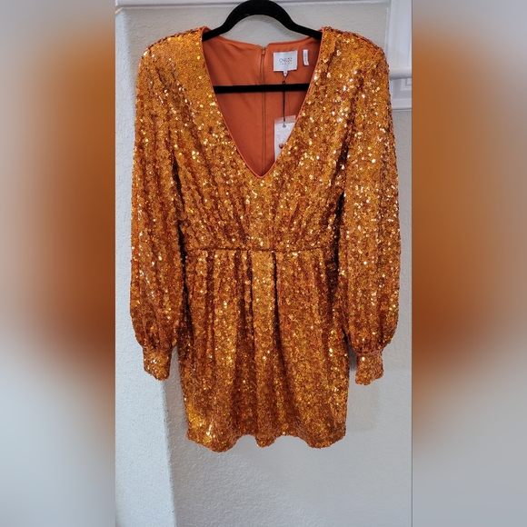 ONE33 Social Women's Orange Sequin Long Sleeve Cocktail Mini Dress Size 10 /$395 - Picture 3 of 10